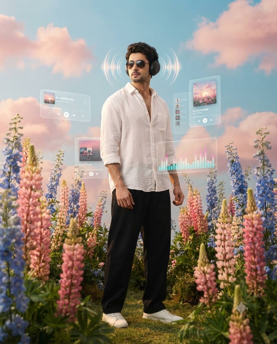 Dreamy Music Aesthetic Portrait with Floating Playlist Panels | AI Image Prompt