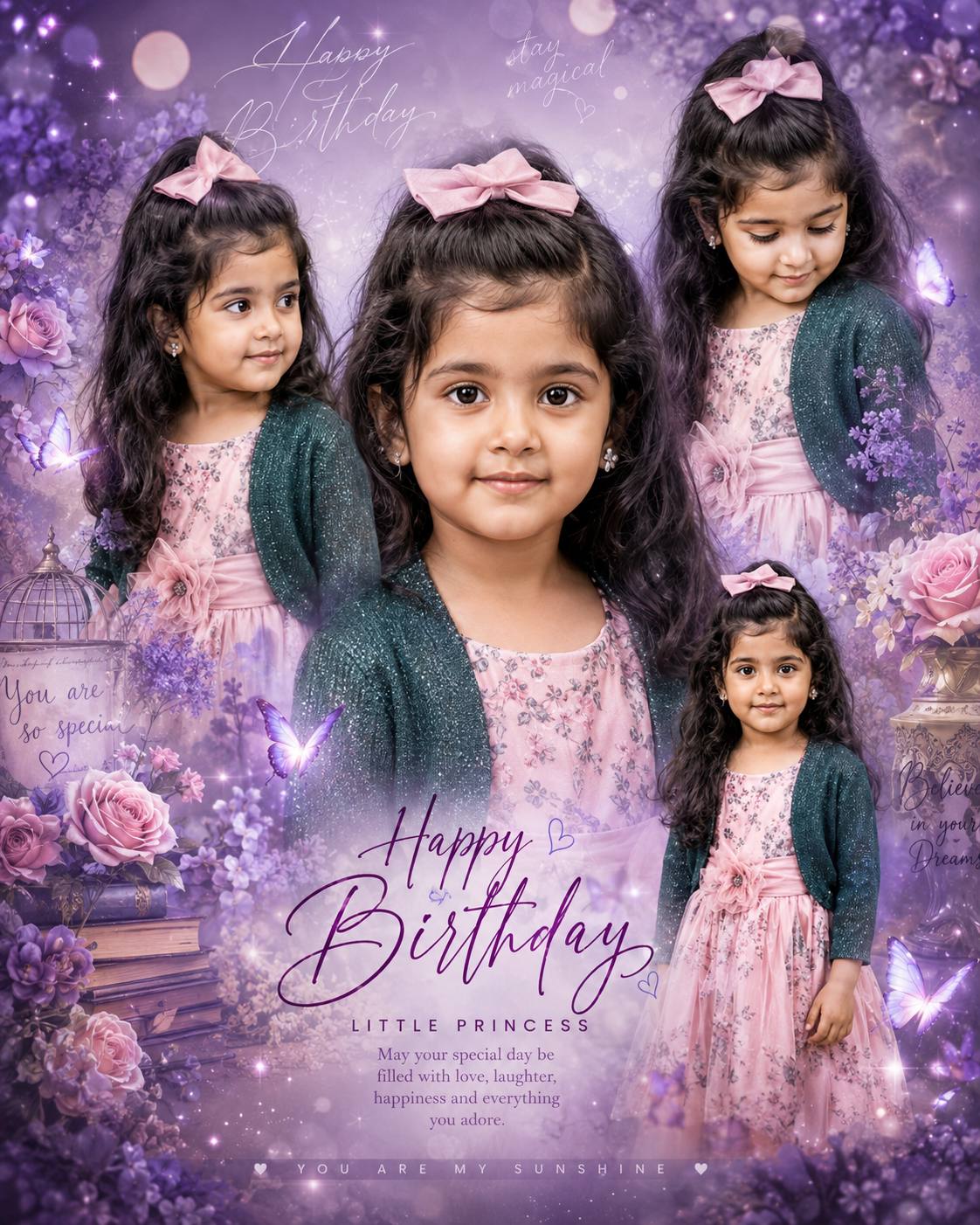 Indian Girl Birthday Collage AI Prompt – Dreamy Purple Floral Poster with Exact Face