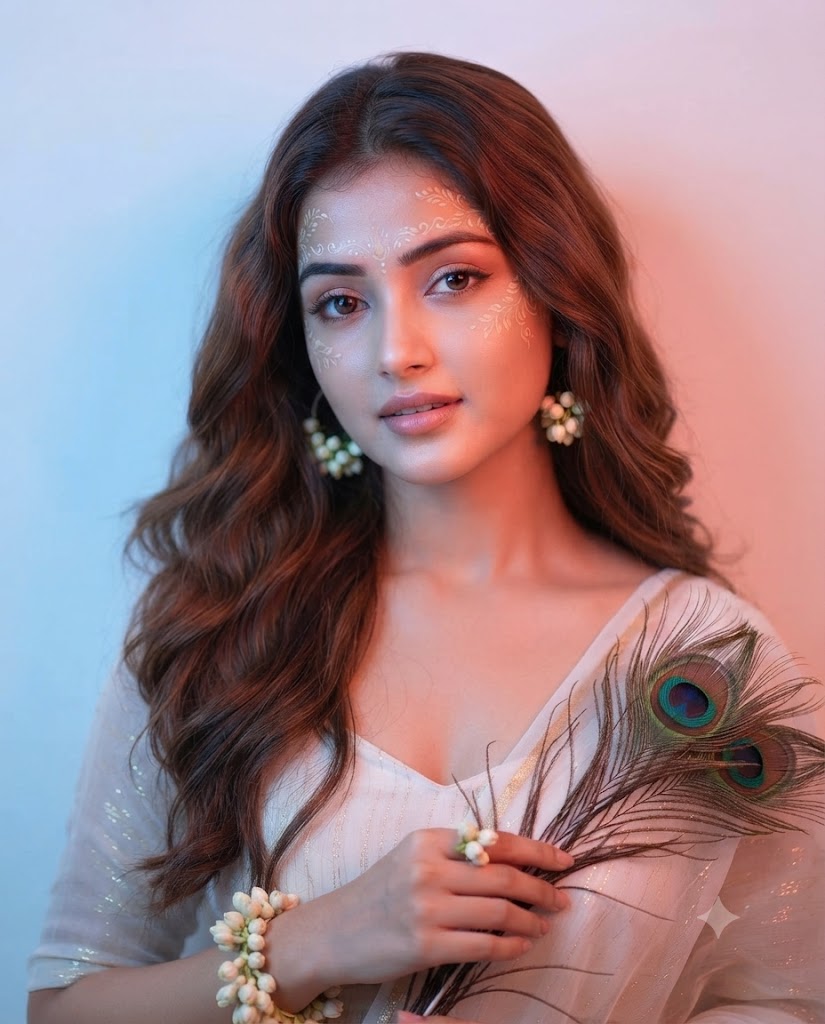 Dreamy Radha-Inspired Portrait in White Chiffon Lehenga with Peacock Feathers AI Prompt