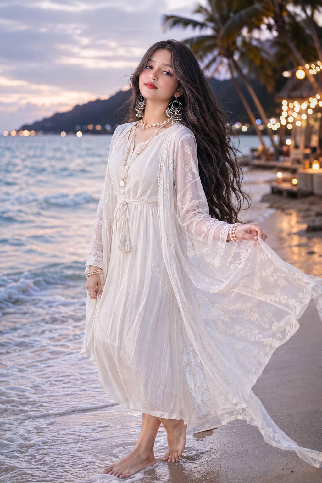 Dreamy Tropical Beach Portrait of a Woman in an Elegant Flowing Dress AI prompt
