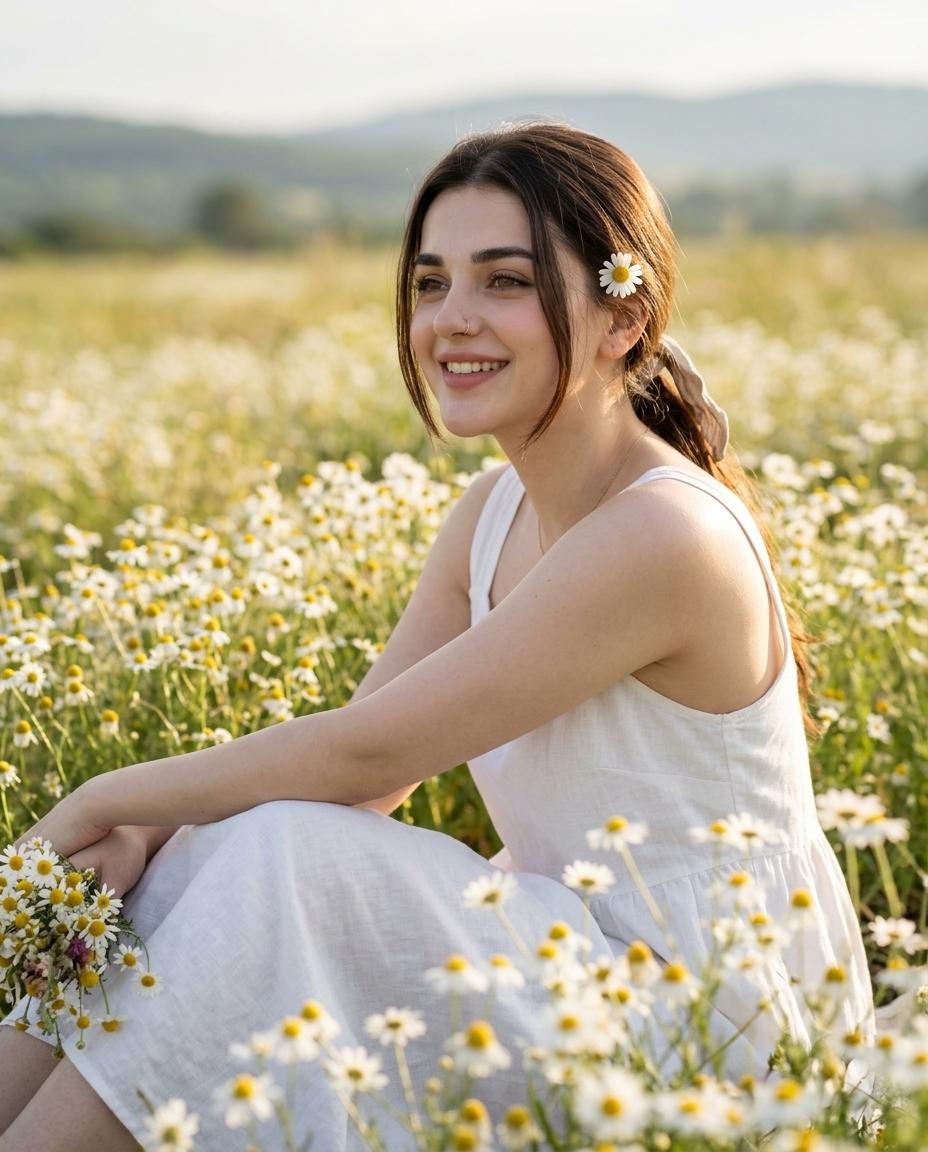 Dreamy White Flower Field Woman Portrait AI Image Prompt | Flowing White Dress