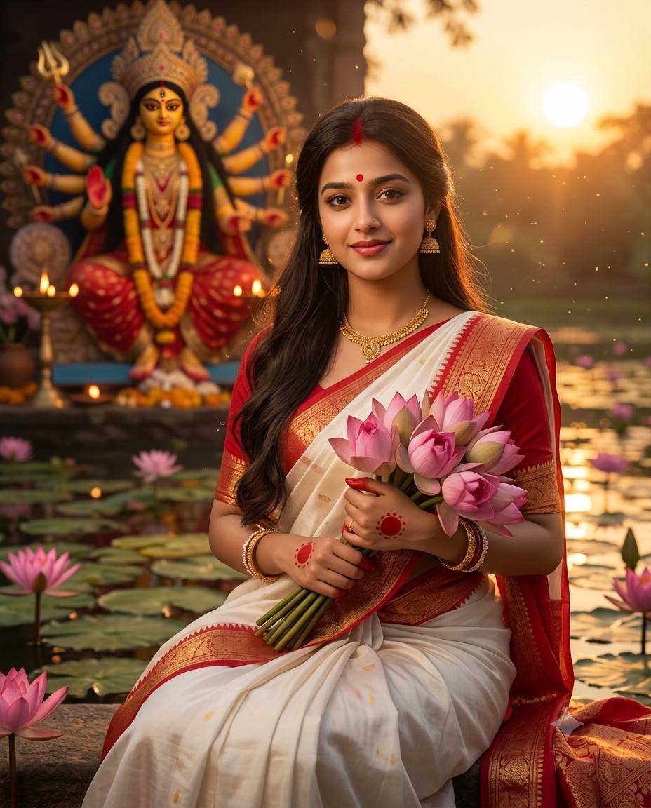 Durga Puja Woman Lotus Portrait Cinematic AI Prompt White Red Saree 4:5