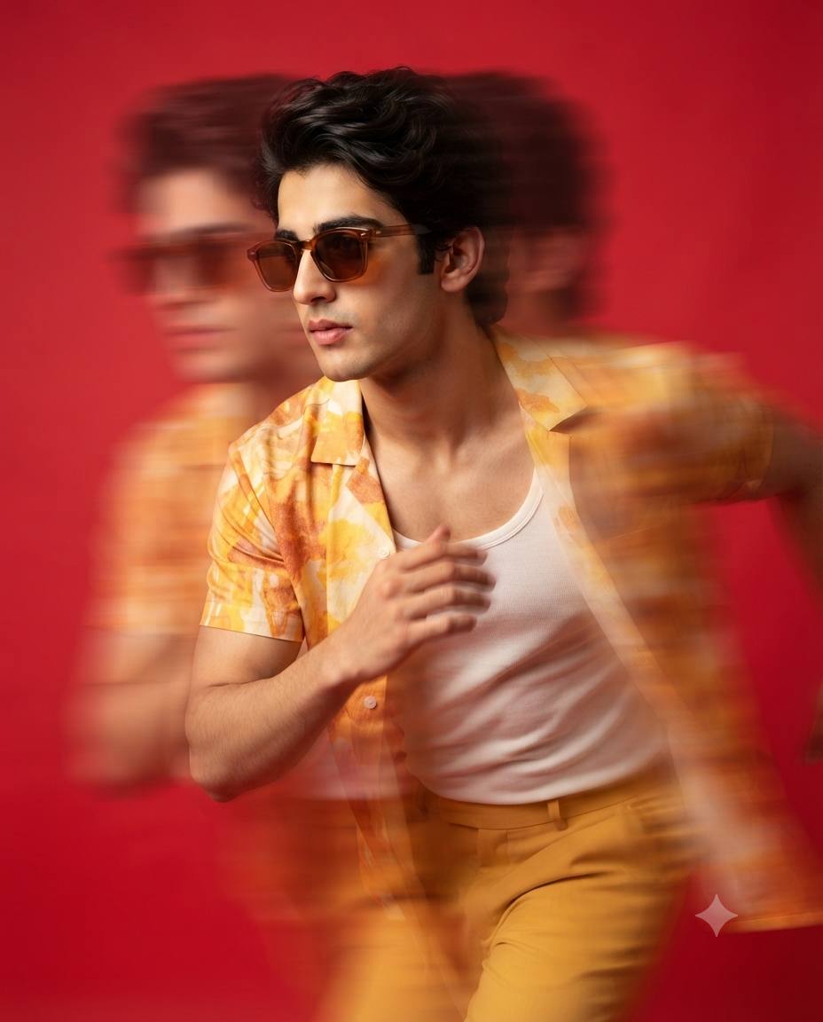 Dynamic Motion Blur Fashion Portrait on Vibrant Red Background | AI Image Prompt