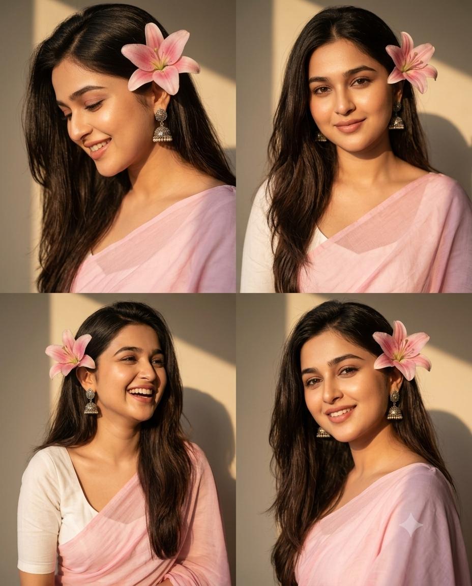 Woman Portrait Collage Elegant Style AI Image Prompt | 4K Pink Saree Golden-Hour Glow