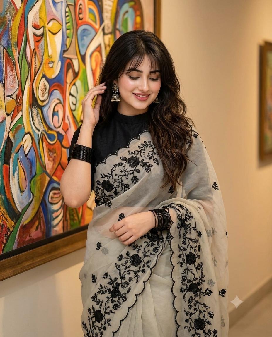 Embroidered Saree Gallery Portrait Elegant AI Image Prompt – Black Blouse & Indoor Editorial Style