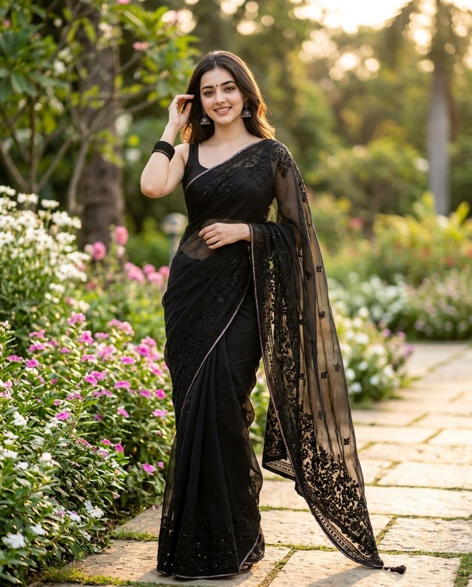 Woman Saree Portrait Elegant Style AI Image Prompt | 4K Golden-Hour Garden Photography