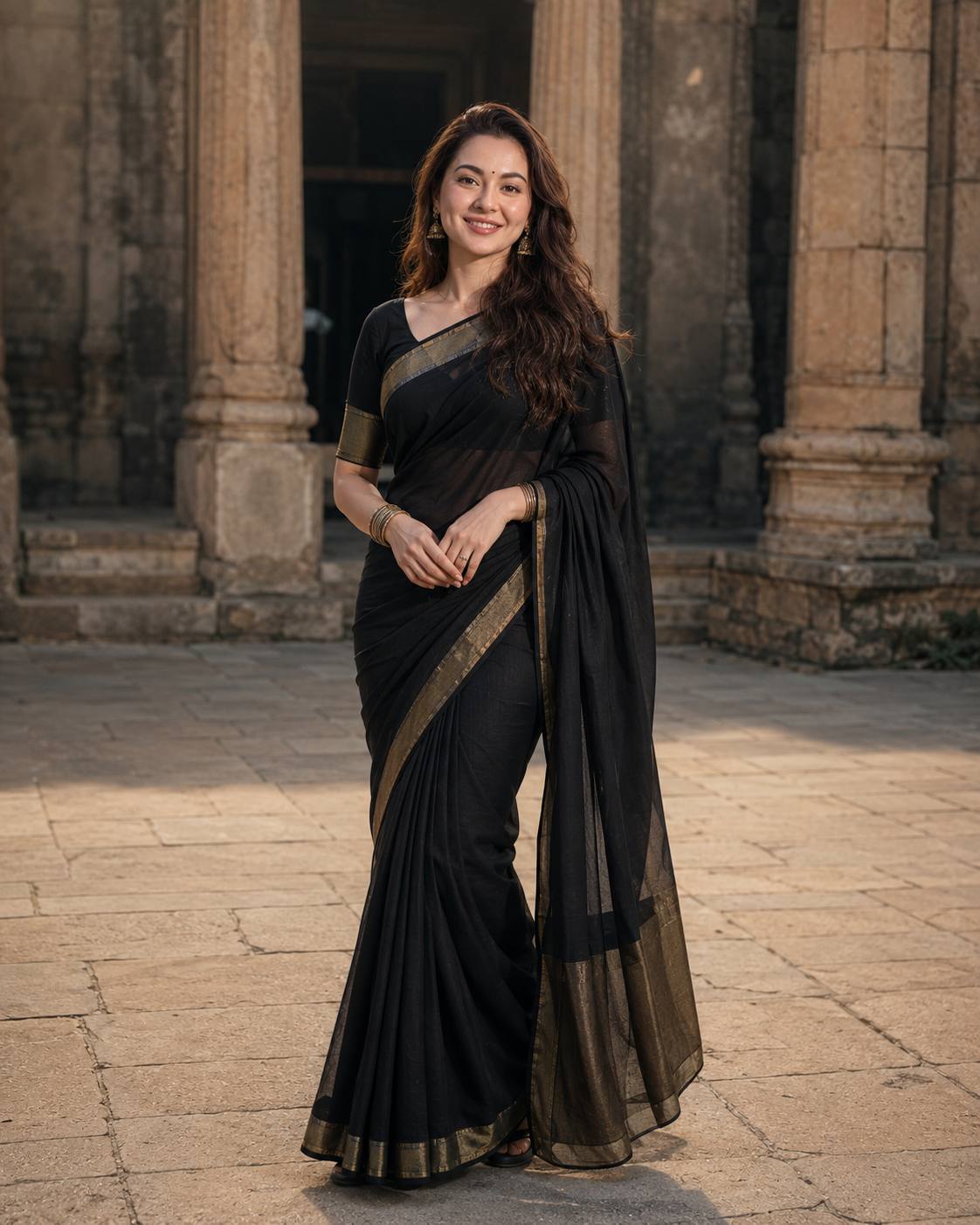 Elegant Black Saree Portrait in Historic Stone Courtyard – Cinematic AI Image Prompt