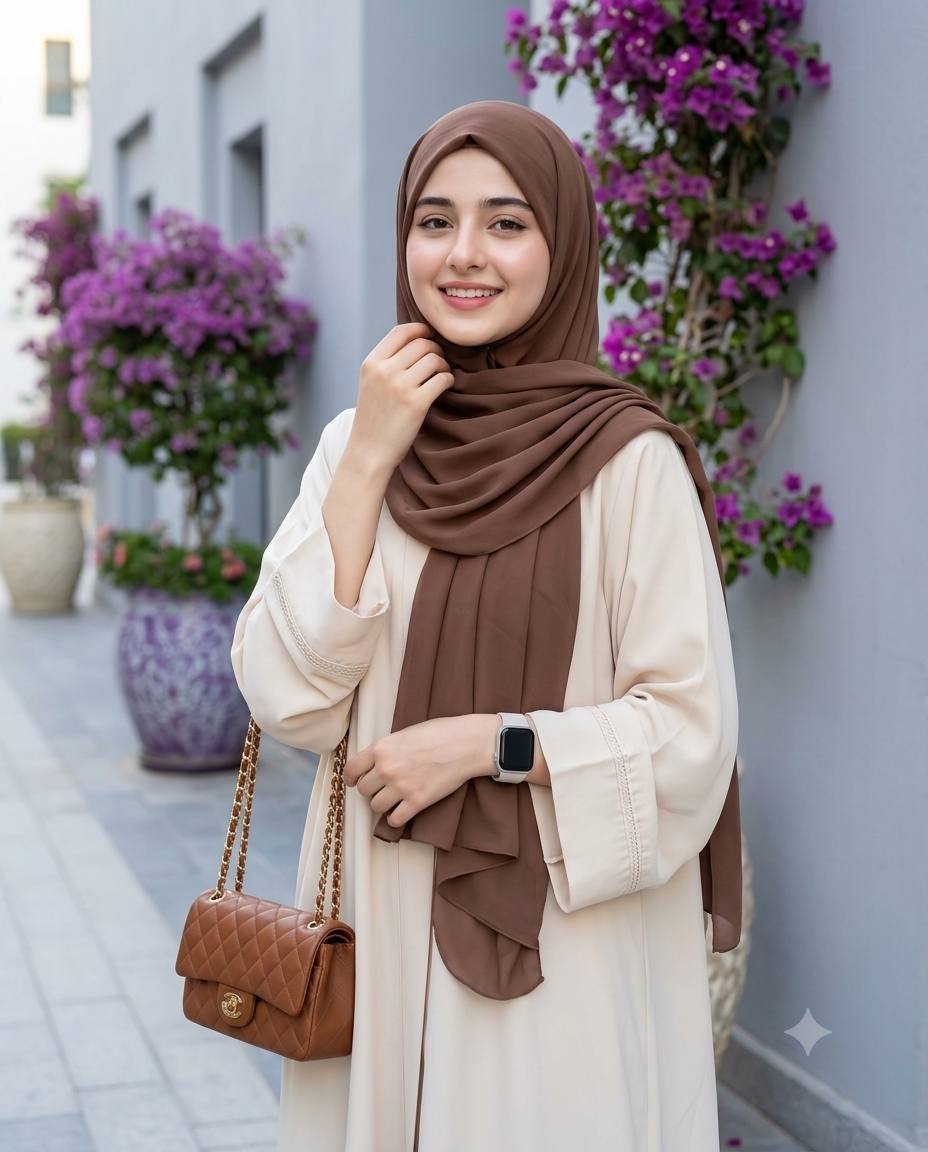 Brown hijab abaya AI prompt | Cream abaya, purple flowers & quilted bag