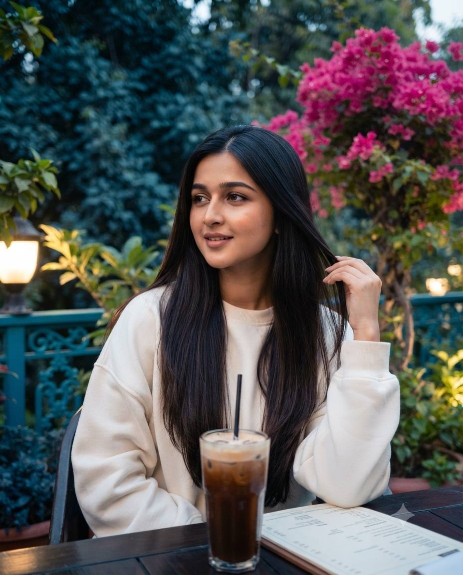 Ultra-Realistic South Asian Woman Café Terrace Portrait | AI Image Prompt