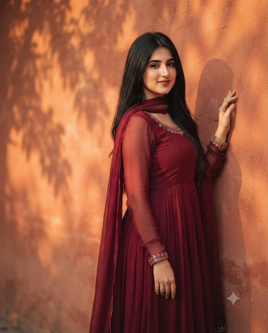 Elegant Deep Red Anarkali Dress Portrait | Cinematic Indian Fashion AI Image Prompt