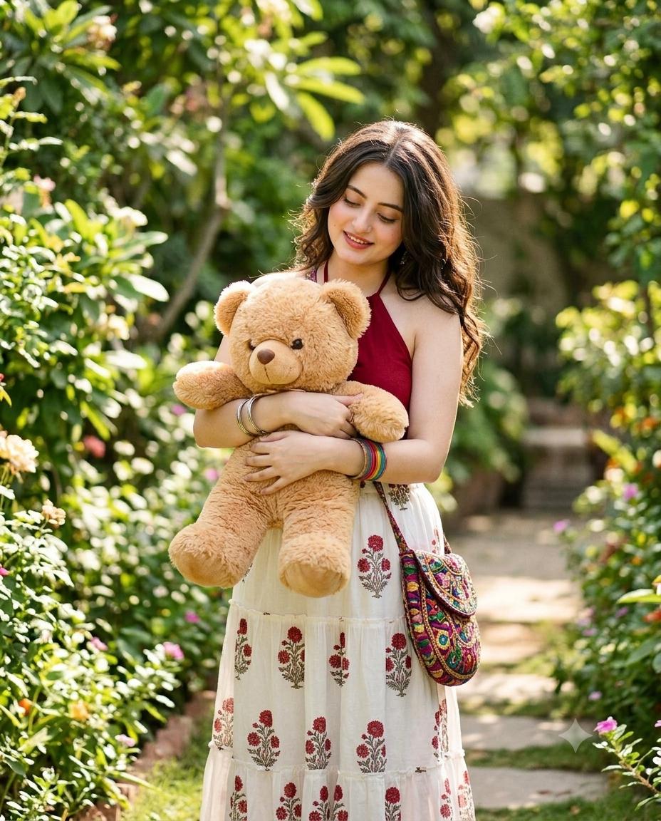 Garden Fashion Portrait AI Image Prompt Gemini | Red Floral Maxi Skirt, Teddy Bear & Bohemian Style