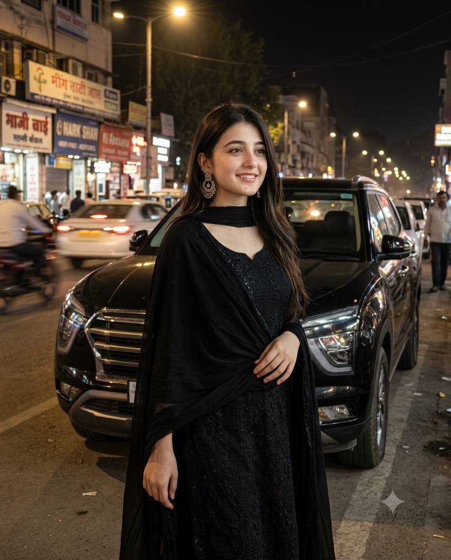 Elegant Indian Black Traditional Outfit Night Street Fashion Photography with SUV AI prompt