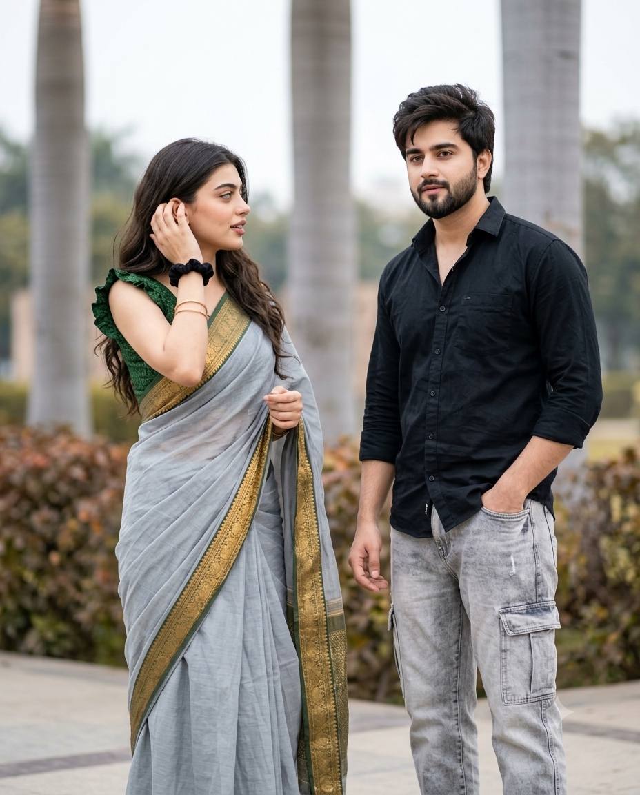 Indian couple portrait AI prompt | Grey saree, black shirt and cinematic 8K