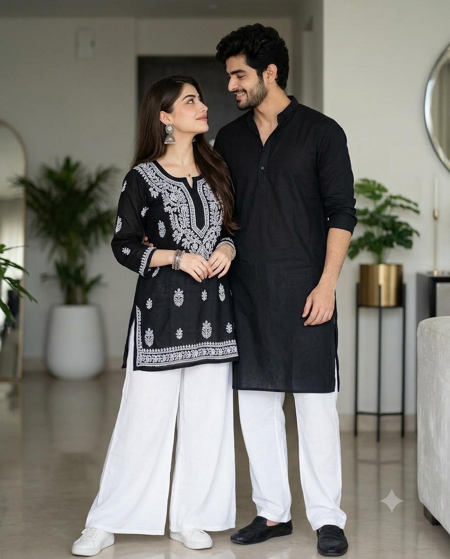 Couple Fashion Portrait Elegant Style AI Image Prompt | Black Chikankari Kurti & Modern Indoor Style