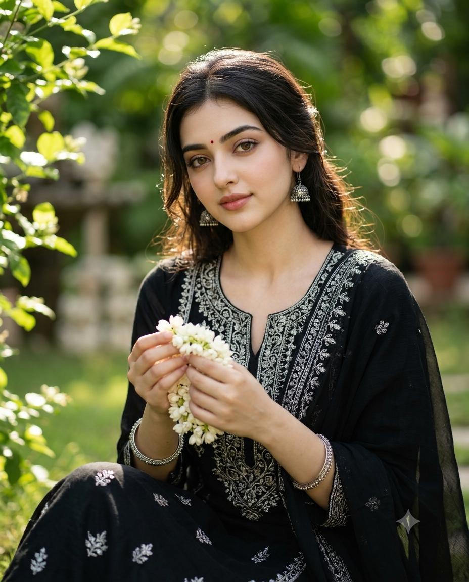 Indian Girl Garden Portrait Elegant Style AI Image Prompt | 4K White Flower Photography