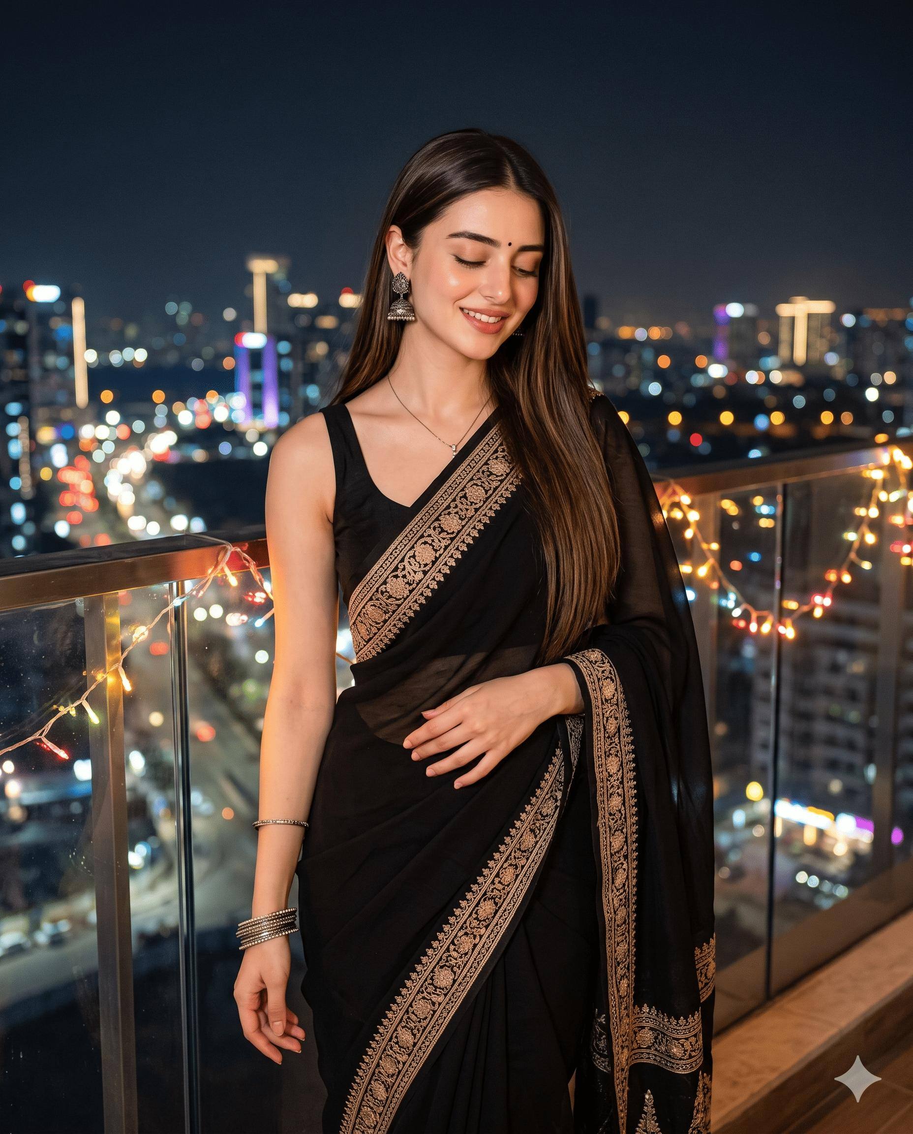 Woman Saree Portrait AI Image Prompt Gemini | Black-Gold Saree & Luxury Night Balcony