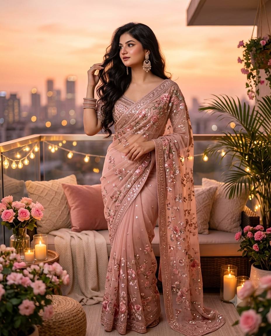Elegant Indian Woman in Blush Pink Saree on Luxury Rooftop at Sunset | Ultra-Realistic 8K AI Image Prompt