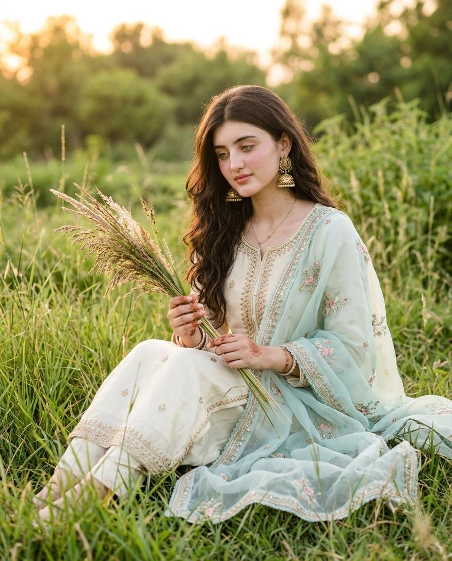 Indian woman salwar suit portrait AI image prompt | Ivory outfit, mint dupatta and golden-hour countryside