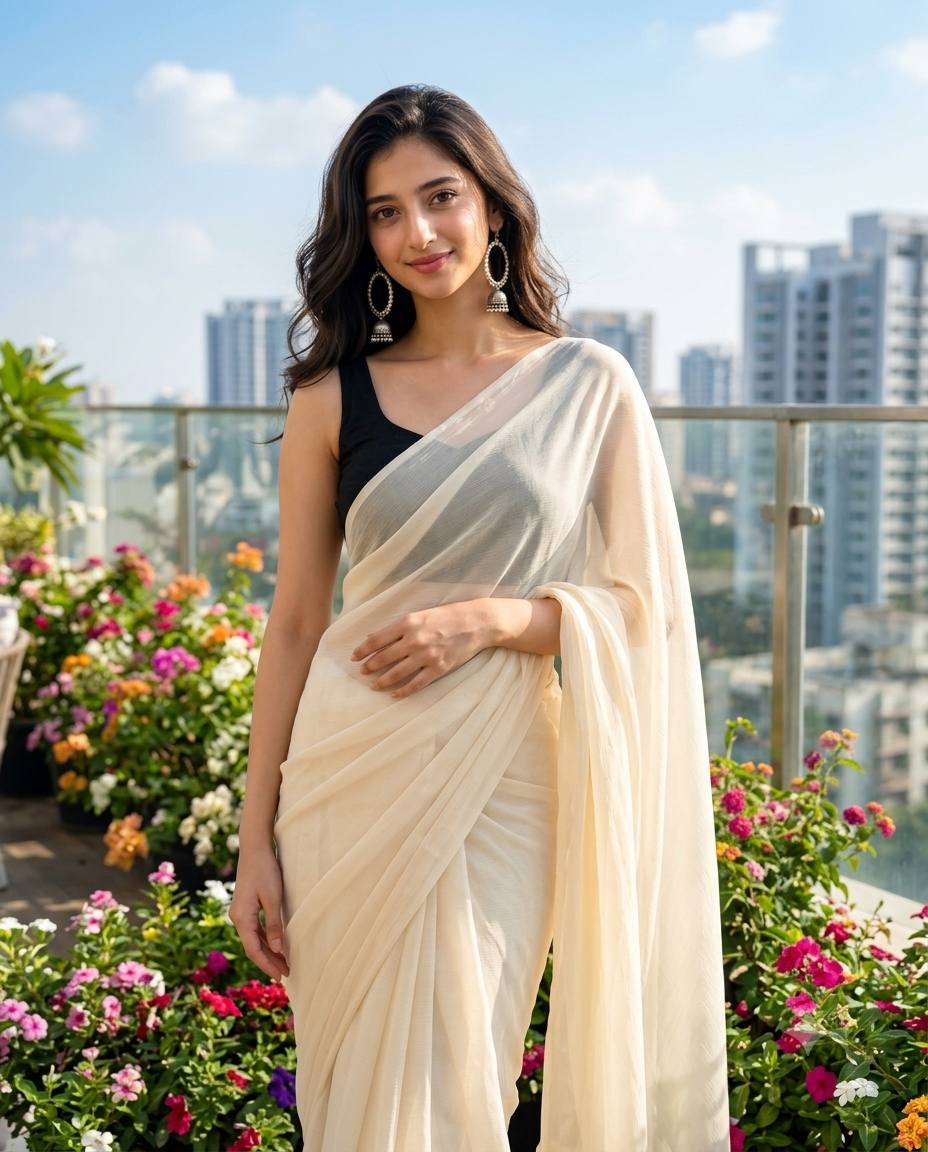 Elegant Ivory Saree Woman on Luxury Rooftop Terrace | Ultra-Realistic 4K AI Image Prompt