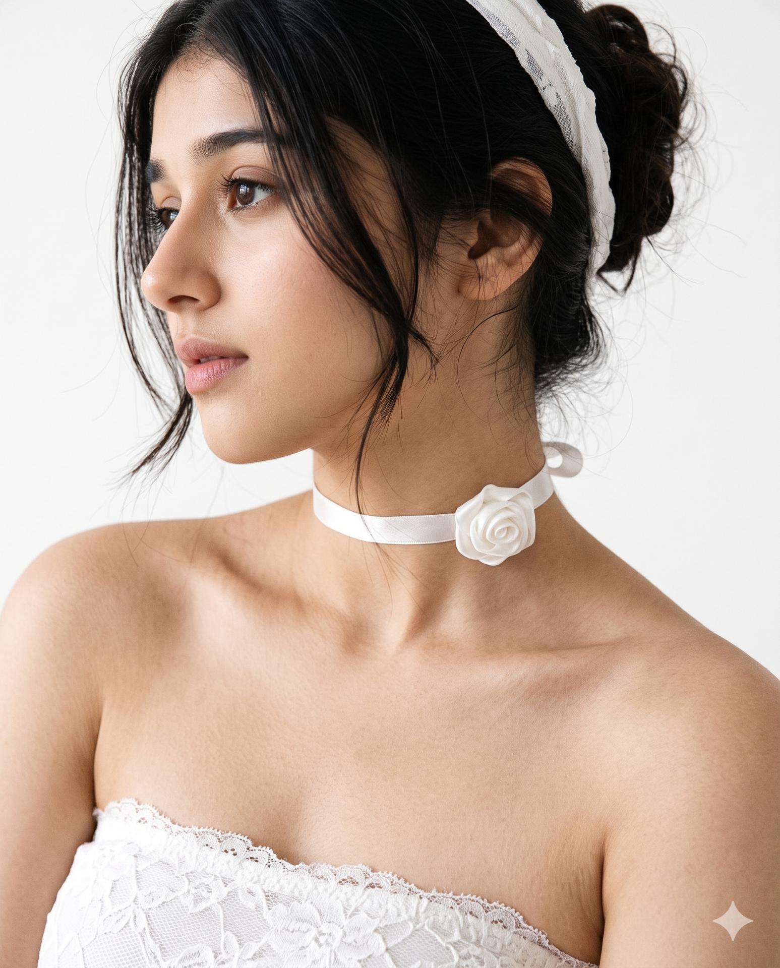Woman Portrait AI Image Prompt Gemini | Satin Ribbon Choker & Minimalist Bridal Beauty