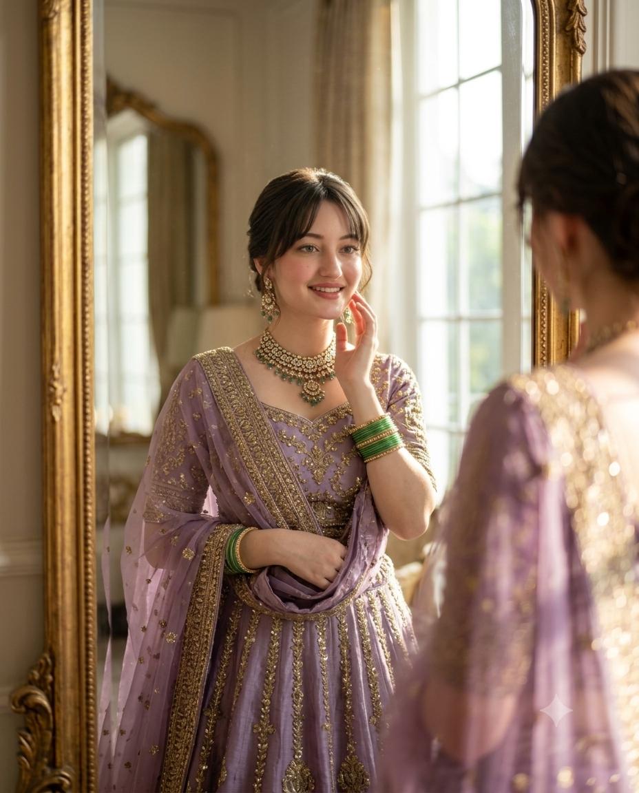 Lavender lehenga mirror AI prompt | Golden embroidery, jewelry & luxury glow