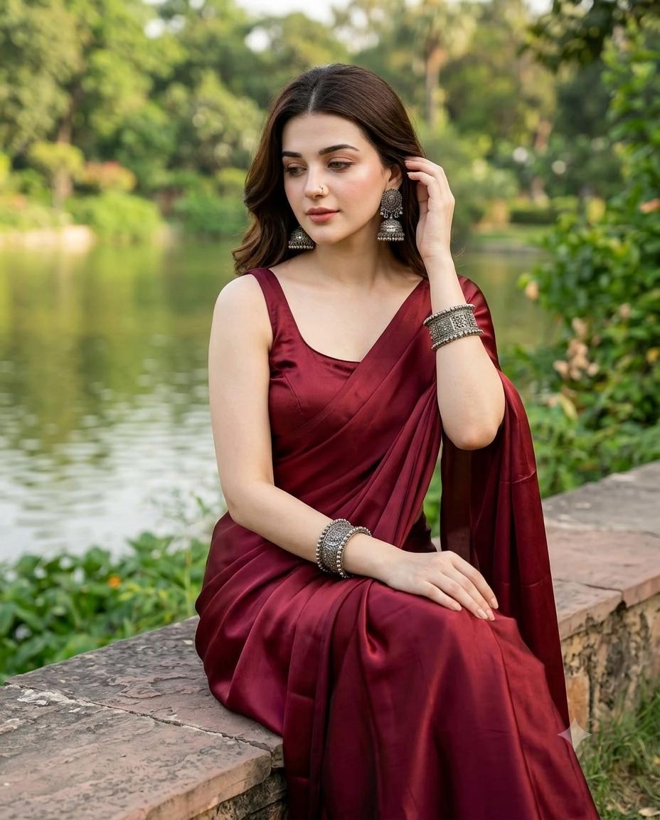 Maroon Saree Woman Elegant Portrait AI Image Prompt | 4:5 Lakeside Photography