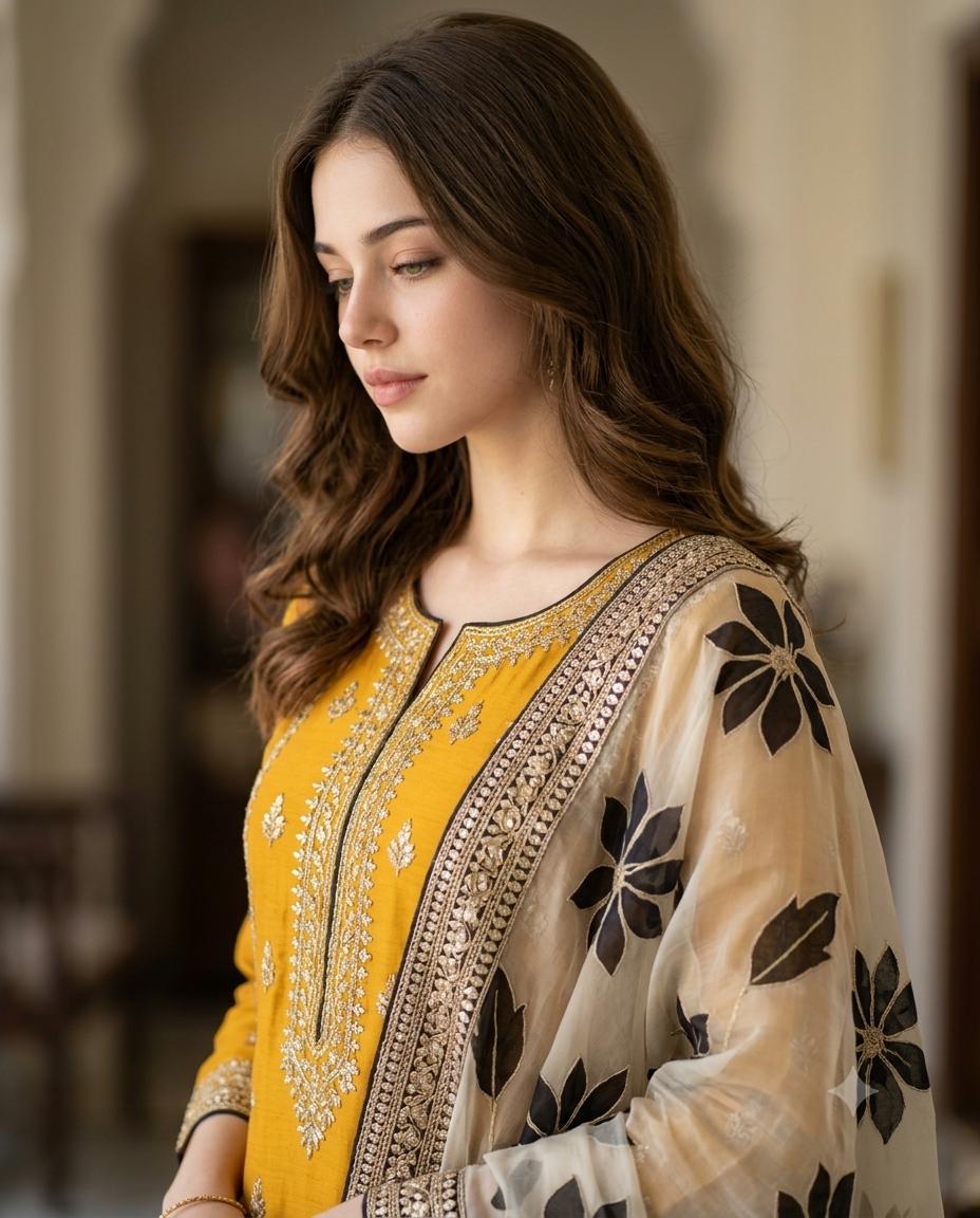 Mustard Yellow Kurta Portrait Elegant AI Image Prompt – Embroidered Outfit & Sheer Floral Dupatta