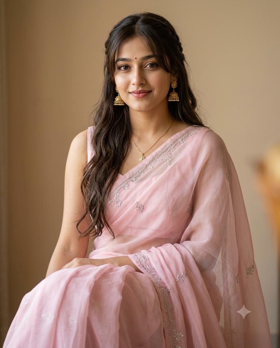 Pastel Pink Saree Portrait Elegant AI Image Prompt – Curtain Bangs & Cinematic Indoor Aesthetic