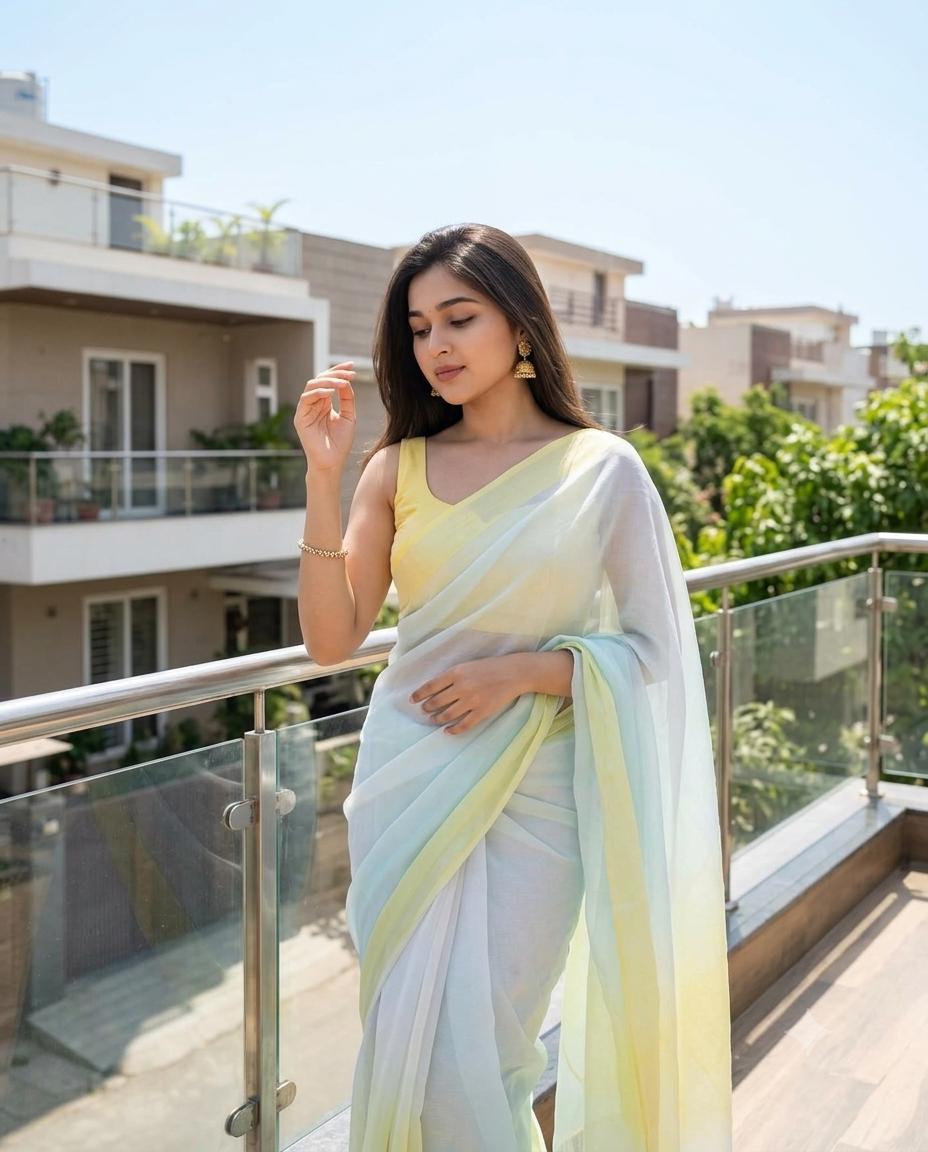 Pastel Saree Rooftop Portrait Elegant AI Image Prompt – Yellow Blouse & Modern Balcony Daylight