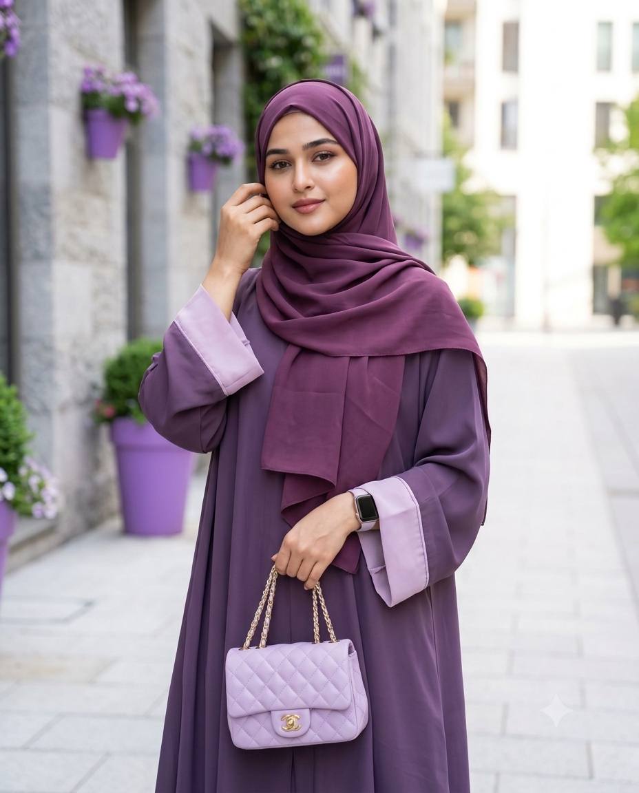 Plum hijab abaya AI prompt | Lilac abaya, purple flowers & quilted bag