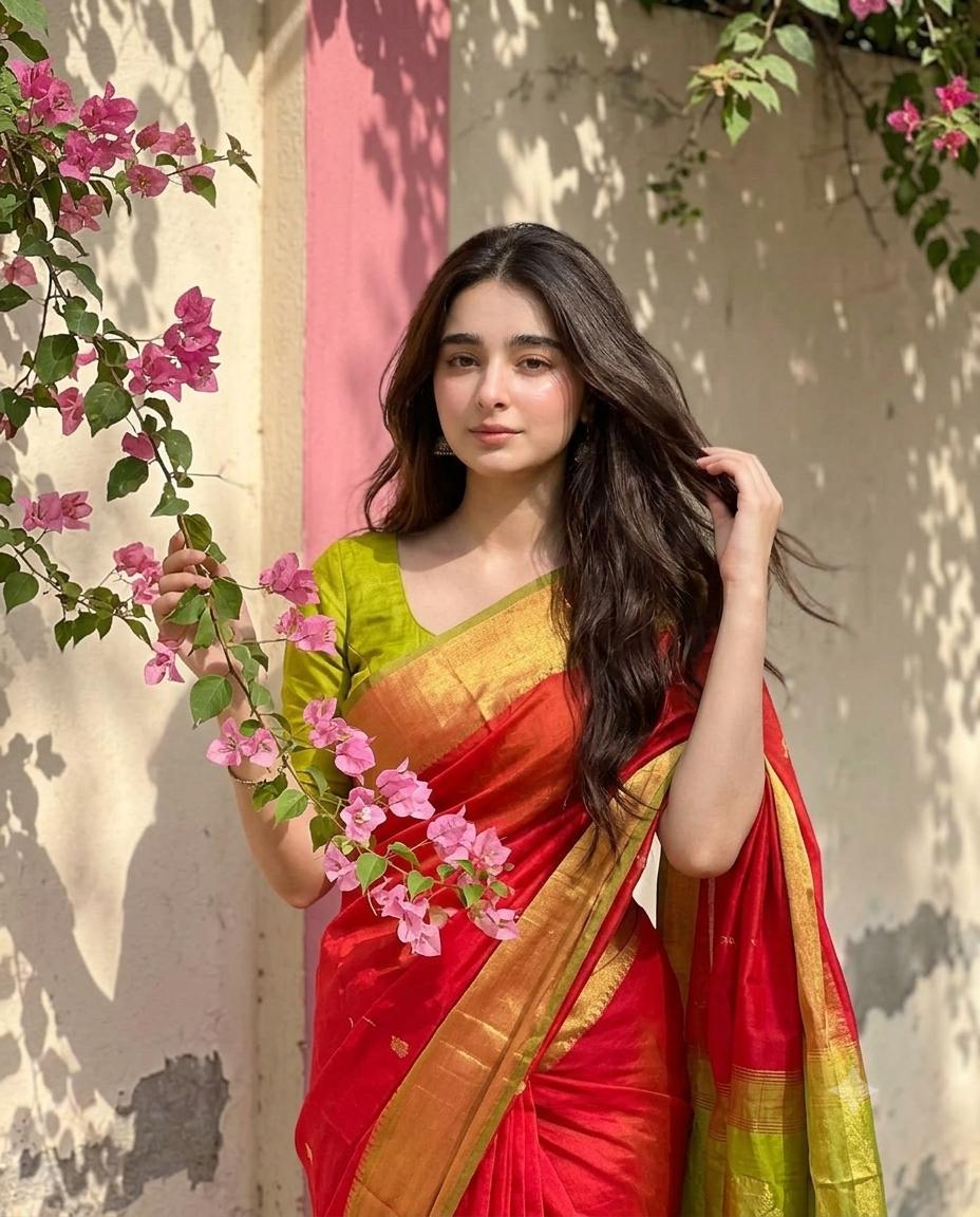 Elegant Red gold saree AI prompt | Lime green blouse, bougainvillea & sunlight