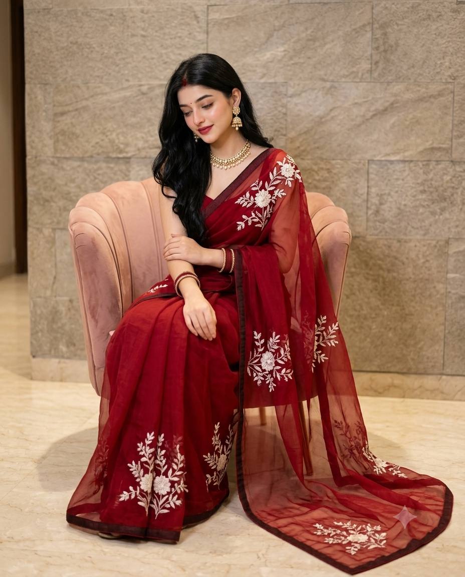 Elegant Red Saree Portrait on Blush Pink Velvet Chair | Ultra-Realistic Indian Fashion AI Prompt