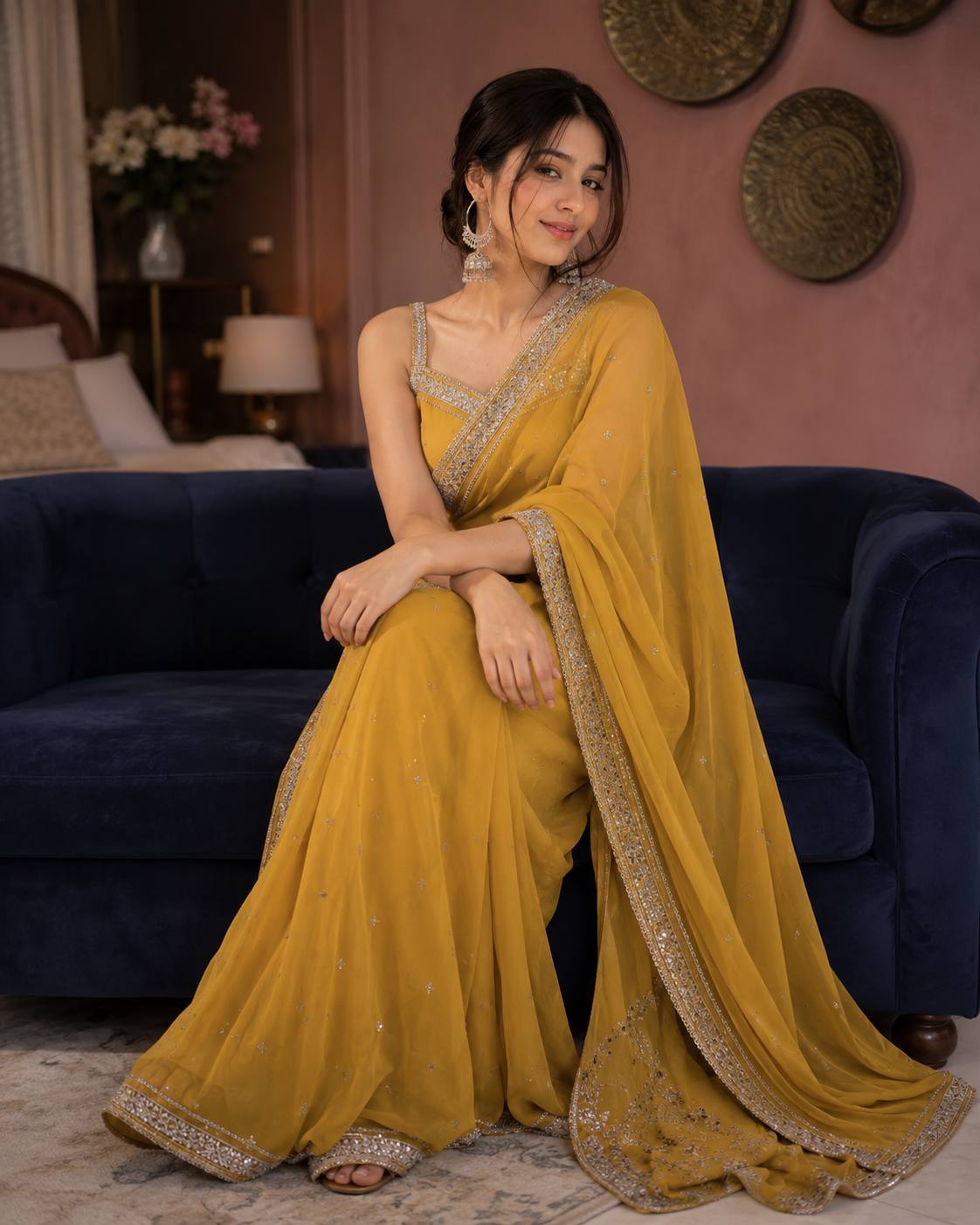 Elegant South Asian Woman in Mustard Yellow Saree on Navy Sofa – Cinematic AI Portrait