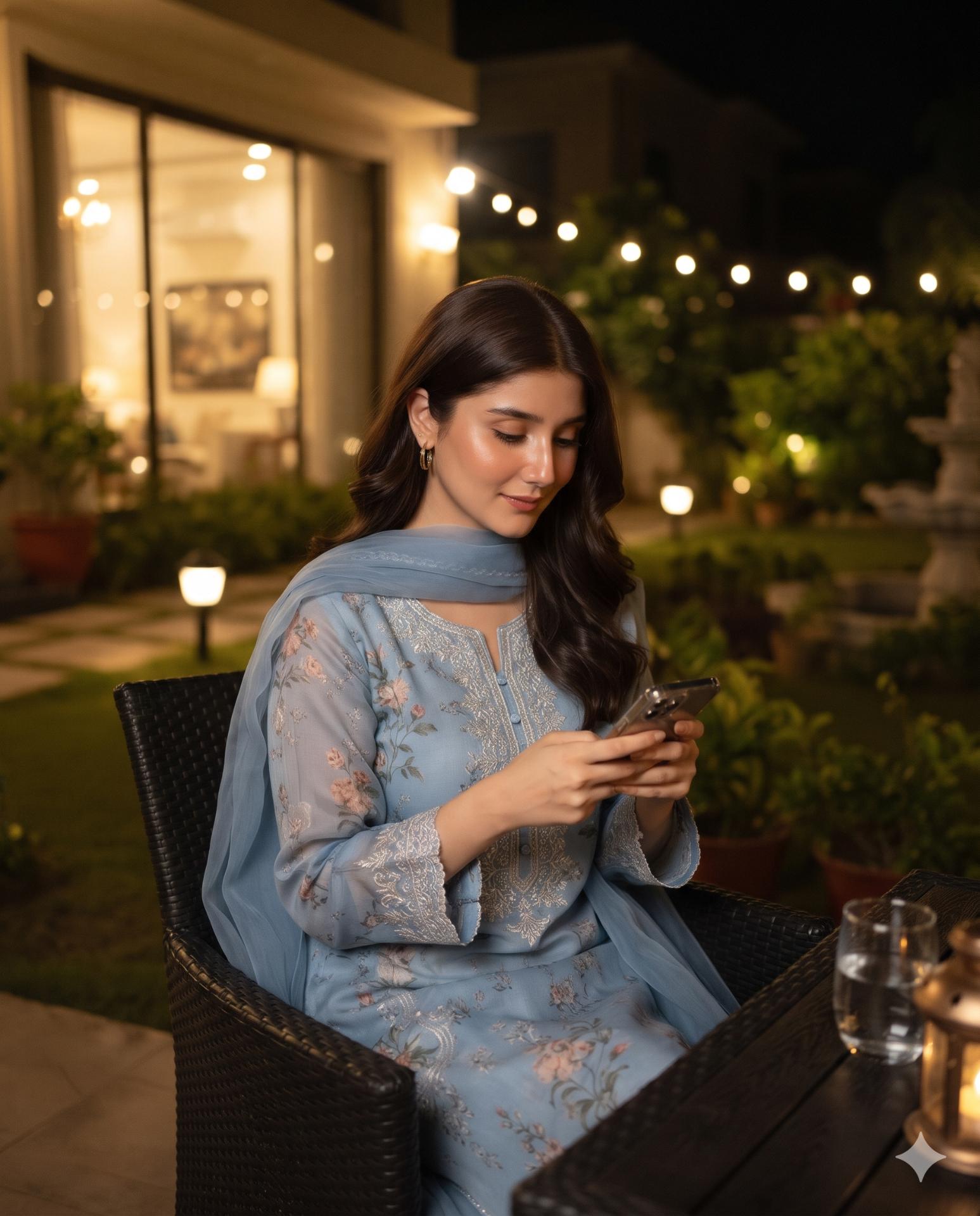 South Asian Woman Portrait AI Image Prompt Gemini | Powder Blue Salwar Suit & Luxury Garden Villa