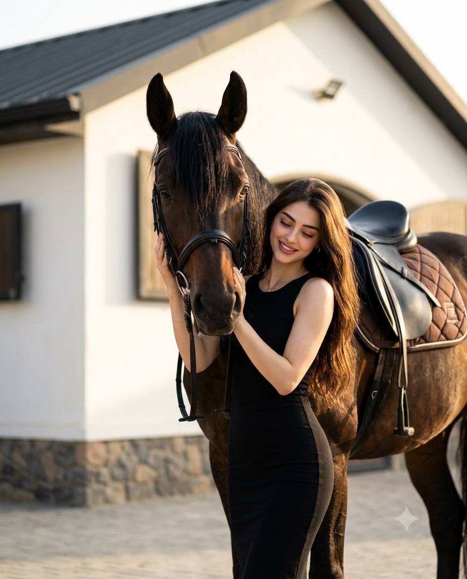 Elegant Woman in Black Dress with Majestic Bay Horse Equestrian Photography AI prompt