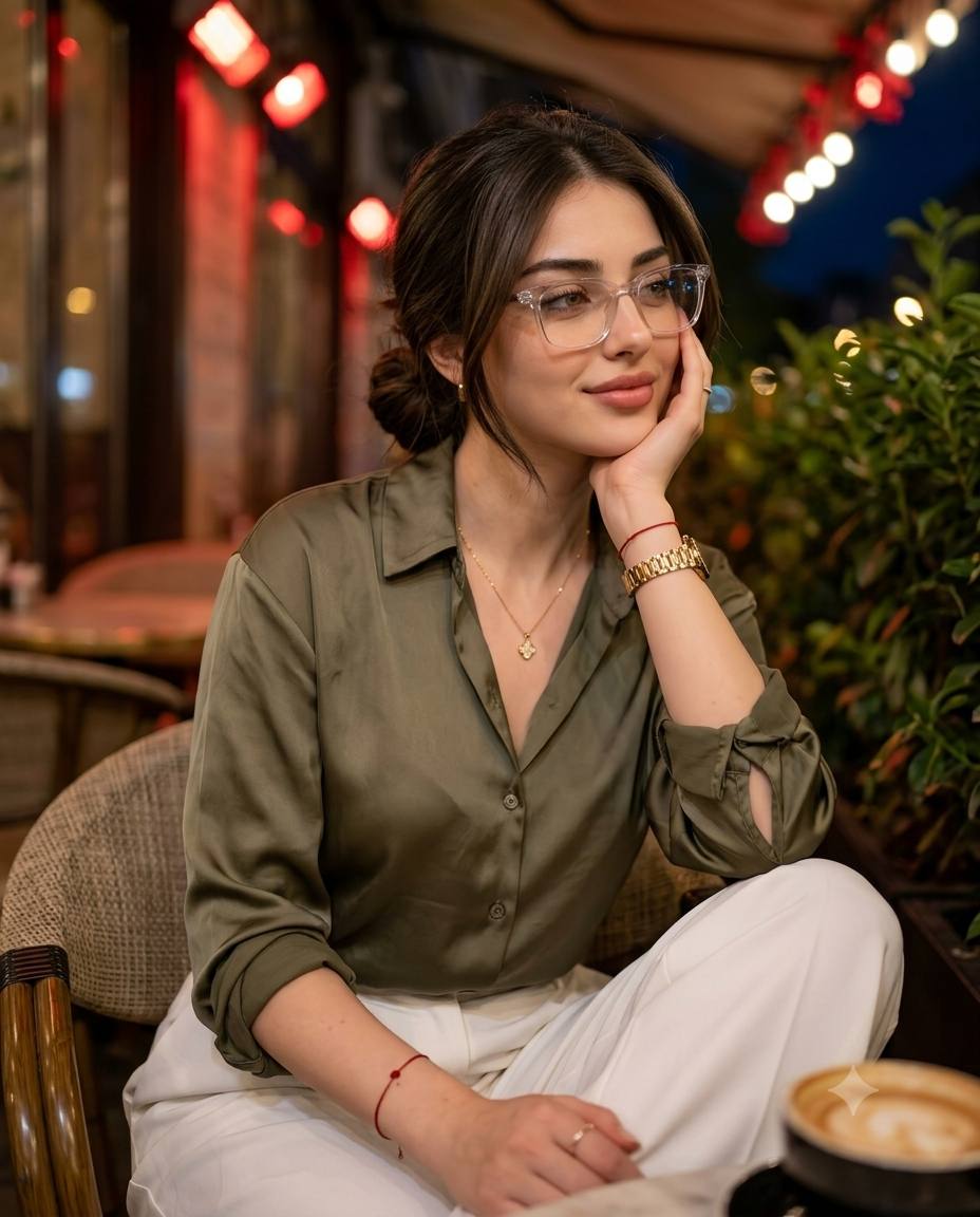 Elegant Woman in Olive Satin Shirt Night Cafe Portrait DSLR Photography AI prompt
