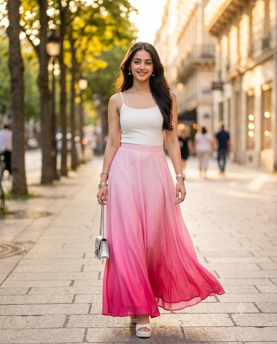 Elegant Woman in Ombre Pink Maxi Skirt | Golden Hour City Street Fashion Portrait AI Image Prompt