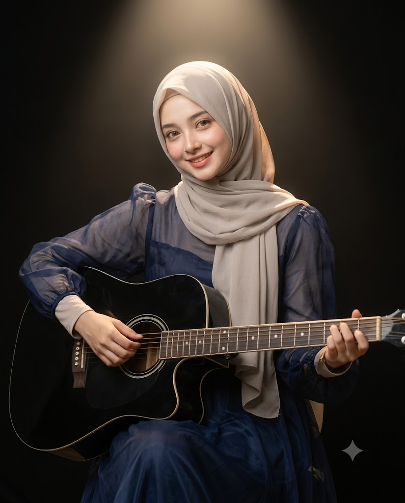 Elegant Woman Playing Black Acoustic Guitar in Navy Blue Dress AI Image Prompt