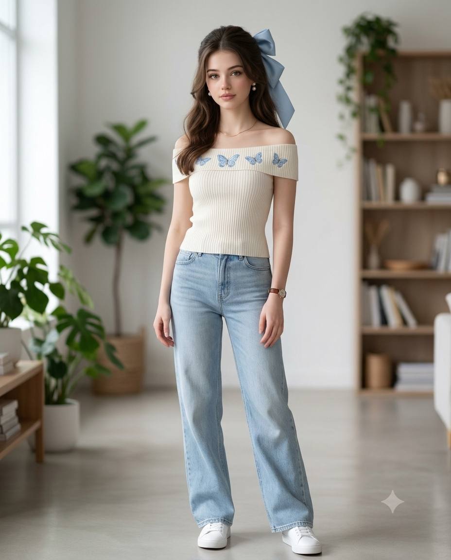 Elegant Woman with Blue Ribbon Bow & Butterfly Top - Retro Casual Portrait Ai prompt