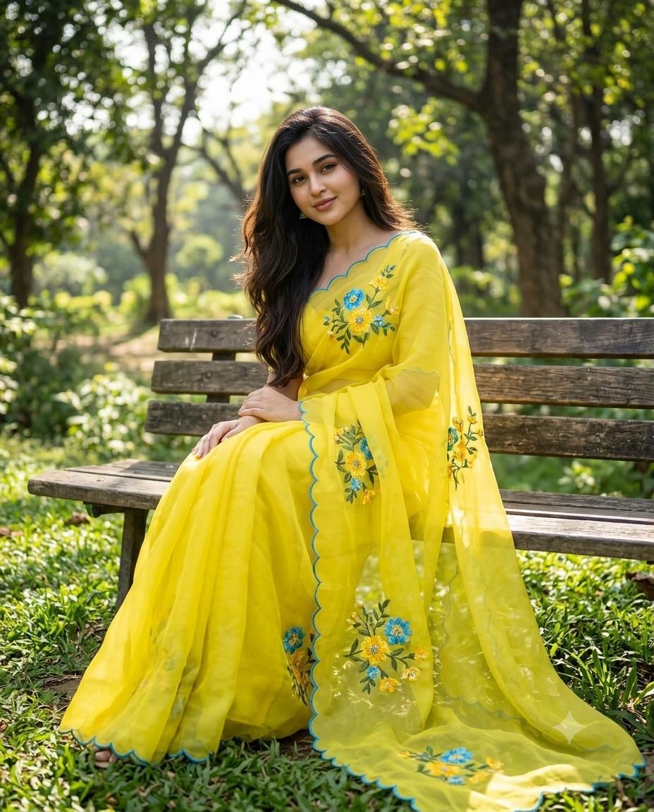 Yellow Saree Woman Portrait – Elegant Garden AI Image Prompt | Floral Embroidered Sheer Saree & 8K