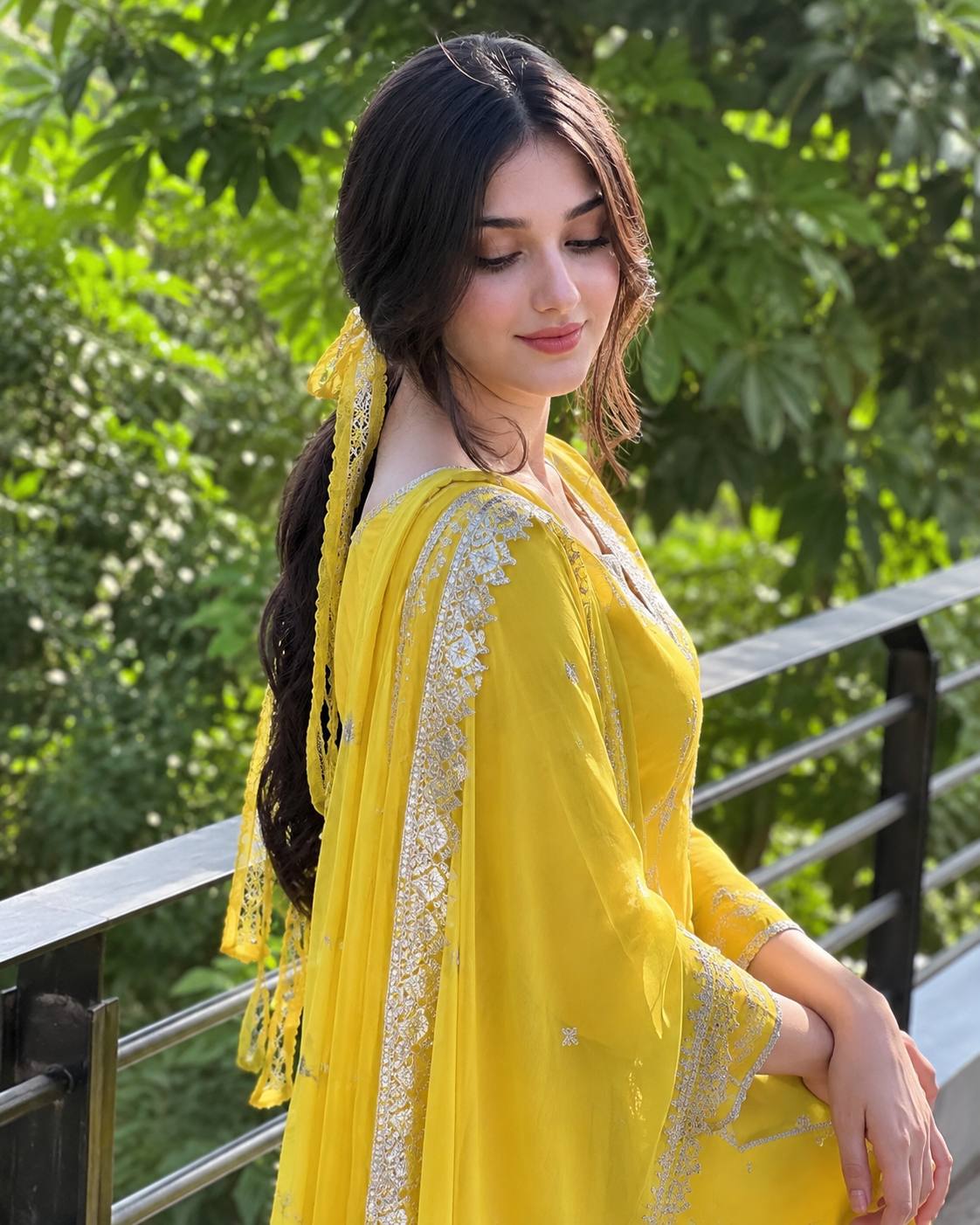Elegant Young Woman in Vibrant Yellow Salwar Kameez | Ultra-Realistic Outdoor Portrait AI Prompt