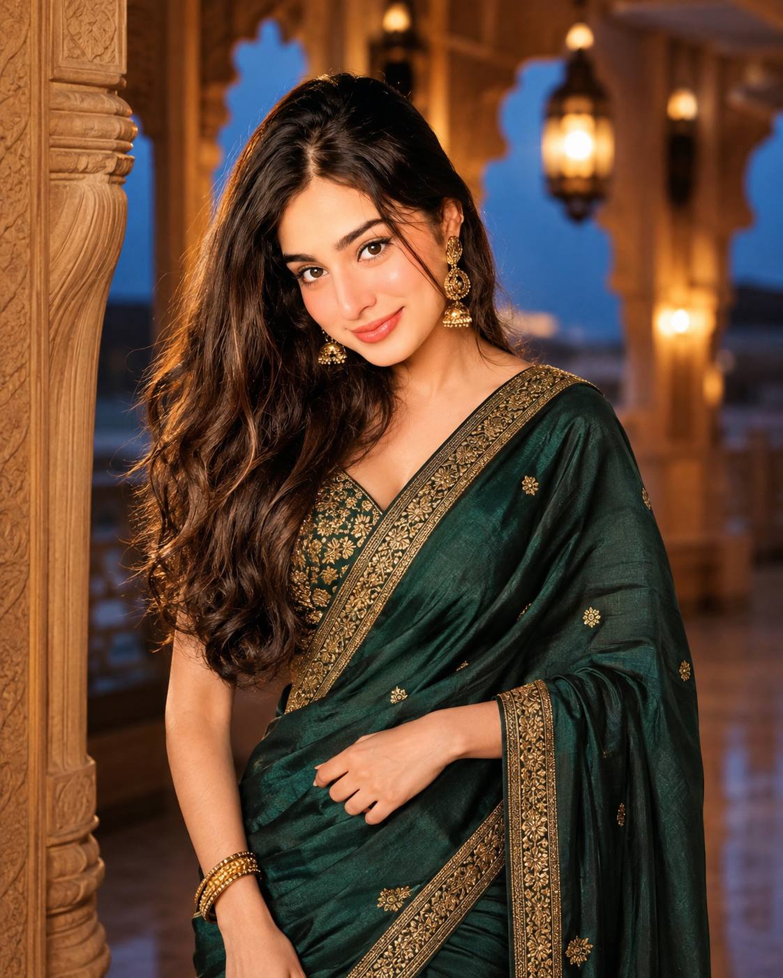 Emerald Green Silk Saree in Heritage Palace Corridor – Ultra-Realistic Indian Fashion Portrait