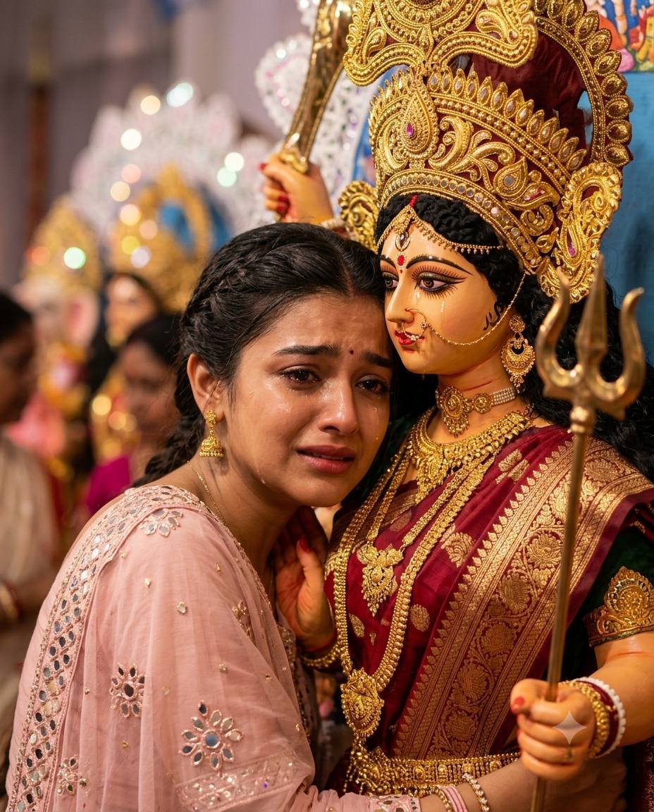 Emotional Durga Puja portrait AI prompt | Teary eyes & Goddess Durga