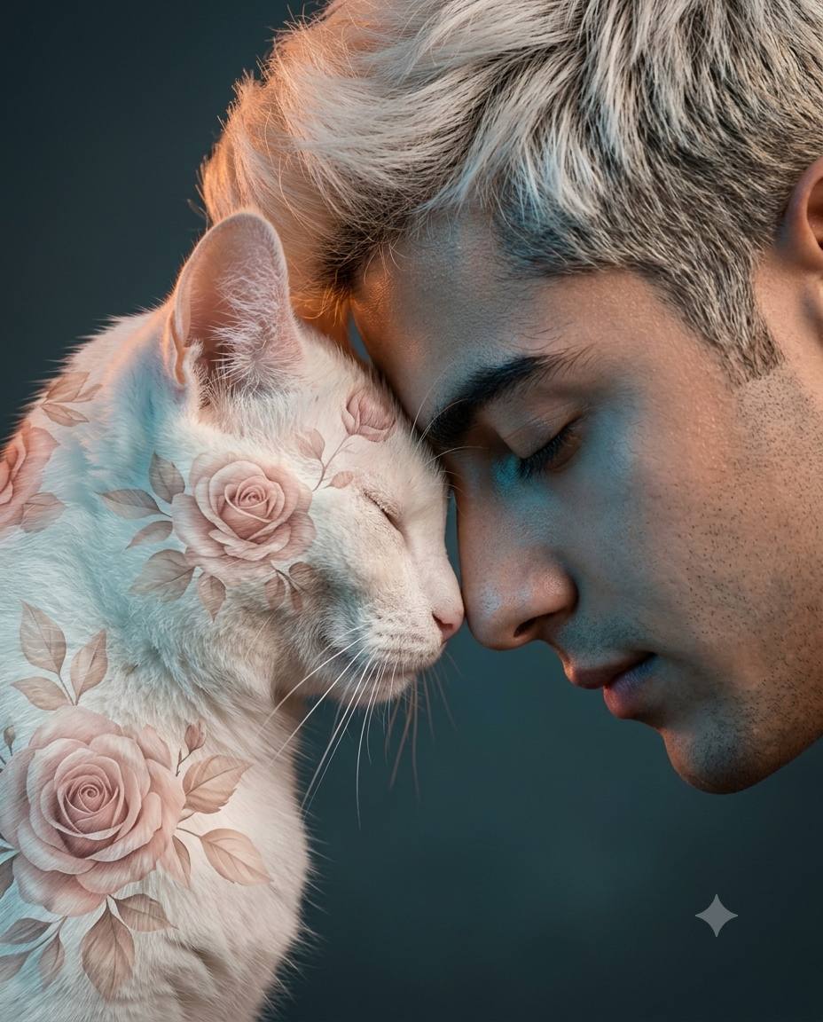 Man and floral cat AI prompt | Forehead-to-forehead & teal-orange light