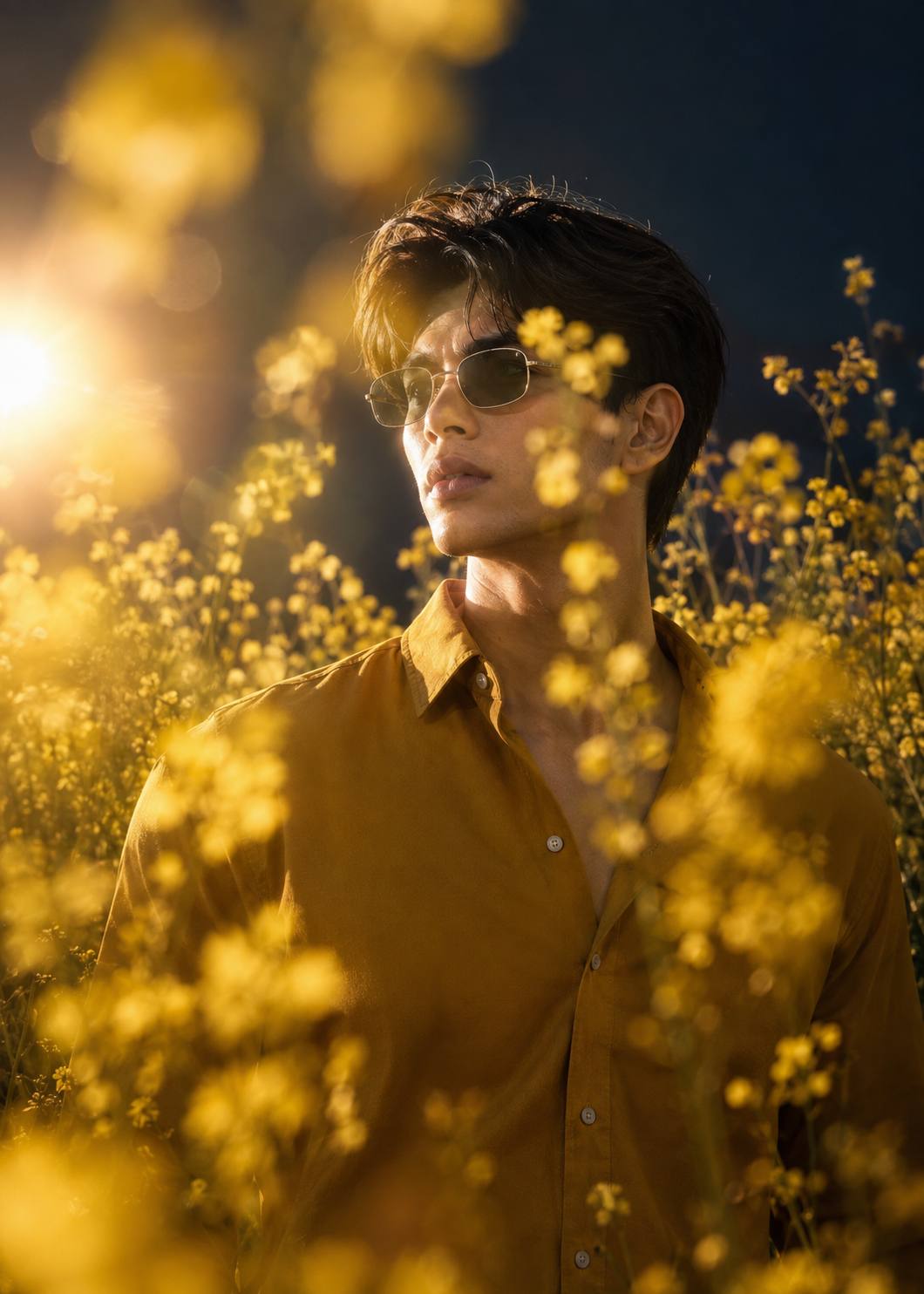 Ethereal Golden Wildflower Portrait of a Young Man AI Image Prompt