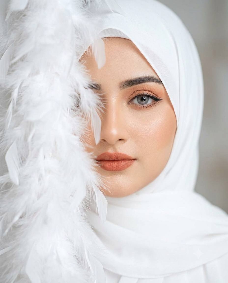 White hijab fashion AI prompt | Grey eyes, white feathers & monochrome style