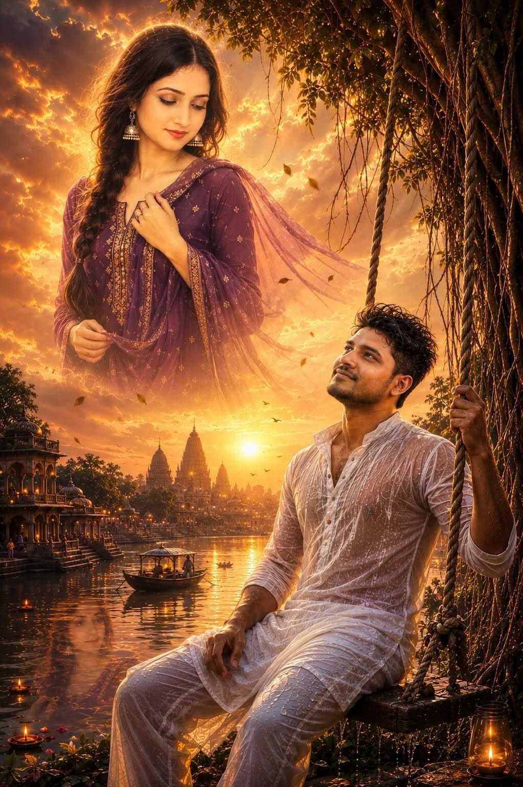 Fantasy Riverside Couple Portrait AI Prompt | Cinematic Golden Sunset Photography