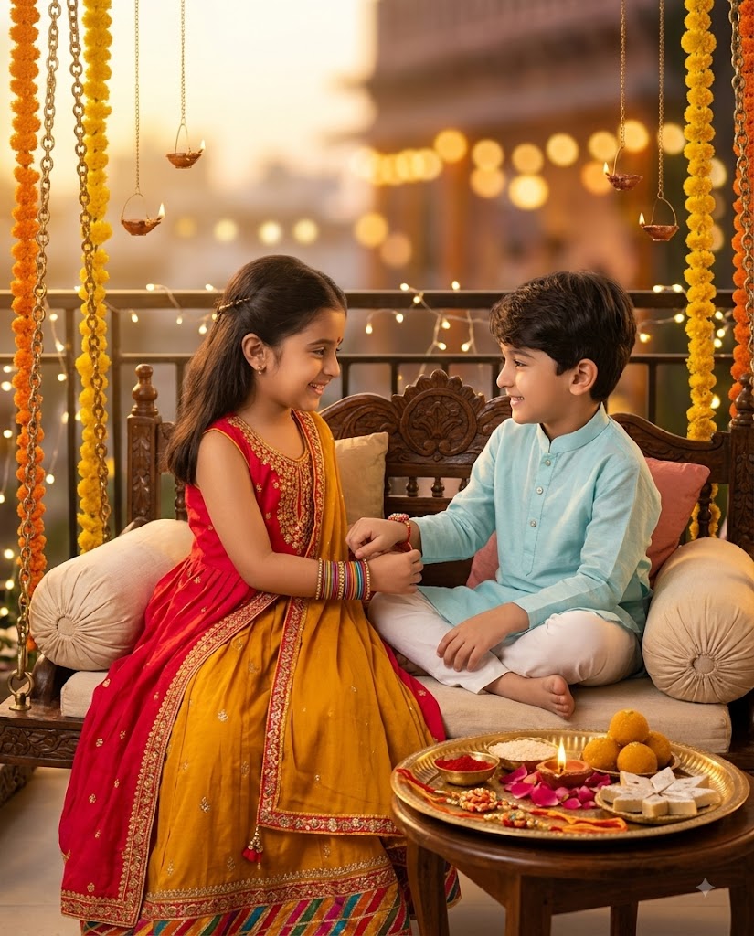 Festive Balcony Raksha Bandhan AI Photo – Sister Tying Rakhi to Baby Brother