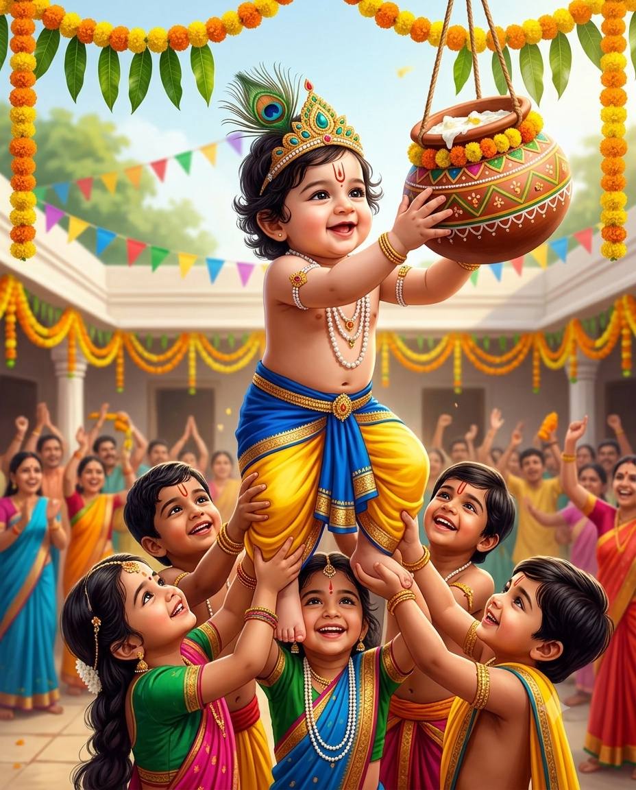 Festive Janmashtami Little Krishna Leading Dahi Handi Human Pyramid AI Image Prompt