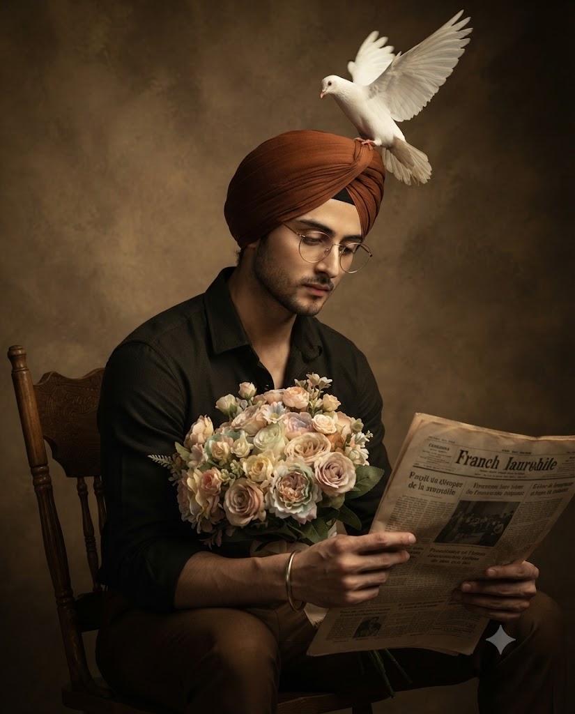 Fine Art Sikh Man Portrait with Dove, Turban and Vintage Editorial Style AI Prompt